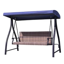 Aoodor Outdoor Porch Swing 3-Seat PE Wicker Patio Garden Swing with Blue Canopy
