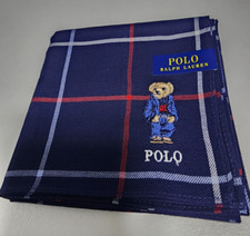 POLO Ralph Lauren Bear Embroidered Handkerchief Navy Plaid 49cm Cotton Scarf