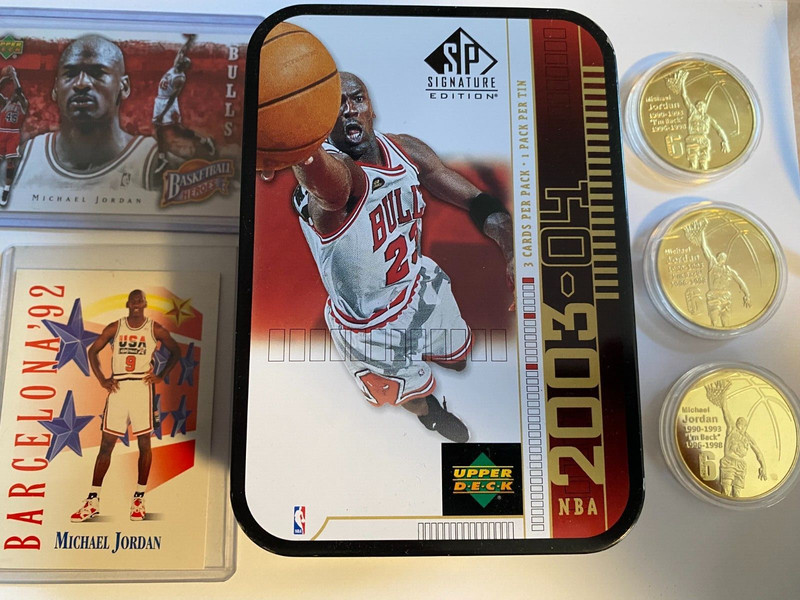 Jordan Memoriabilia, 3 gold-plated coins, '03-'04 tin only, + 2 cards