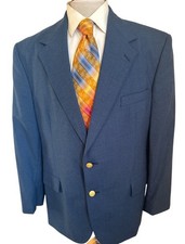 Vtg Stafford Blue Hopsack Gold Buttons Blazer Jacket Sport Coat Sz 46R Wool Poly
