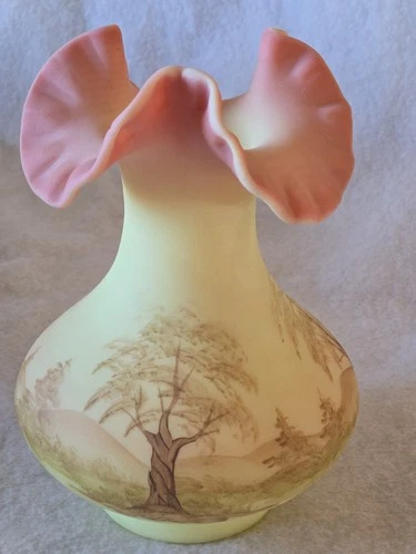 Fenton Burmese Uranium Custard Glass Ruffled Edge 7" Vase Hand Painted S Foster