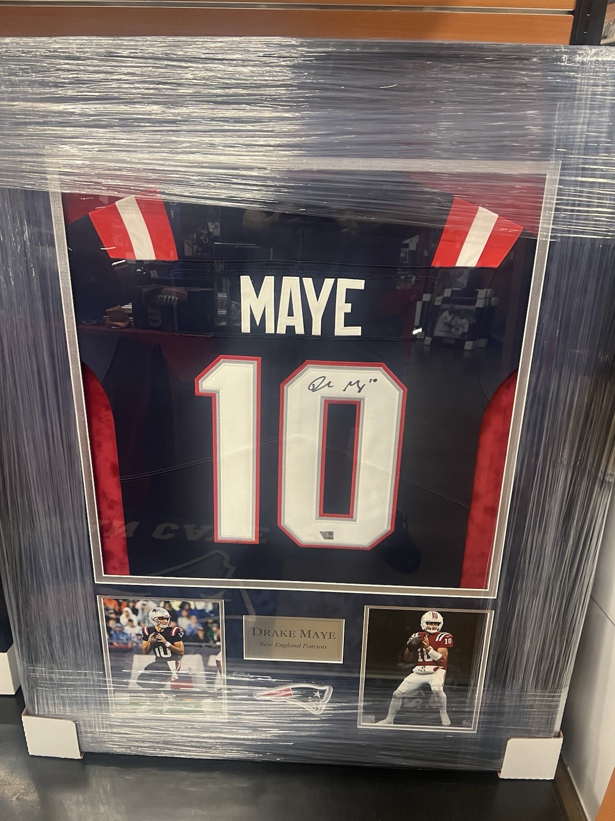 Drake Maye Autographed Signed New England Patriots Patriots Jersey Framed to 32x40 Fanatics 