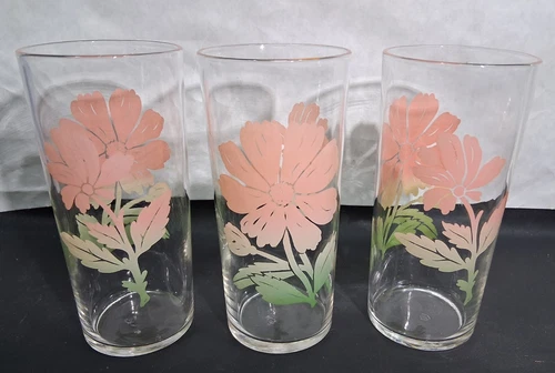 Vintage Federal Glass Cosmos Pink Peach Flower Tea Tumbler Glasses Set of 3