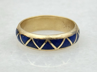 Vintage Navajo 14K Yellow Gold Lapis Lazuli Inlay Band Ring Sz 9 Native American