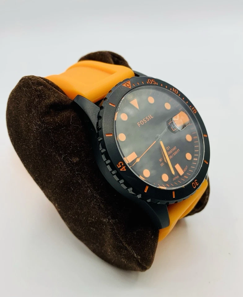 Reloj Hombre Vintage Fossil Negro PVD Naranja Banda Silicona Excelente Estado Foto 2 de 4