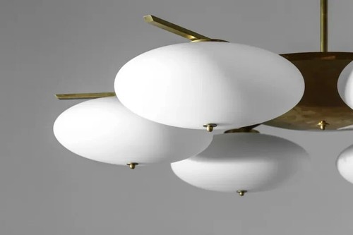 1950's Mid Century Raw Brass Sputnik Italian Ceiling Flush Mount 6 Light Opaline - Picture 3 of 10