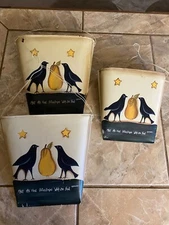 3 hand painted metal CROWS  & pear, shabby chic, hanging garden wall pockets set