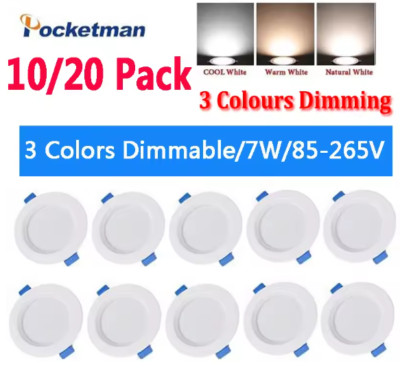 20PC 7W 3-Color Dimmable LED Downlight Recessed Ceiling Panel Light 85-265V US