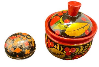 VINTAGE TWO WOODEN RUSSIAN KHOKHLOMA HAND PAINTED JEWELRY BOXES, c1960 g.
