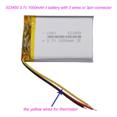 3.7V 1000mAh 3.7Wh Li-Polymer Li Li-ion Battery 523450 3-Wire JST 3Pin Connector