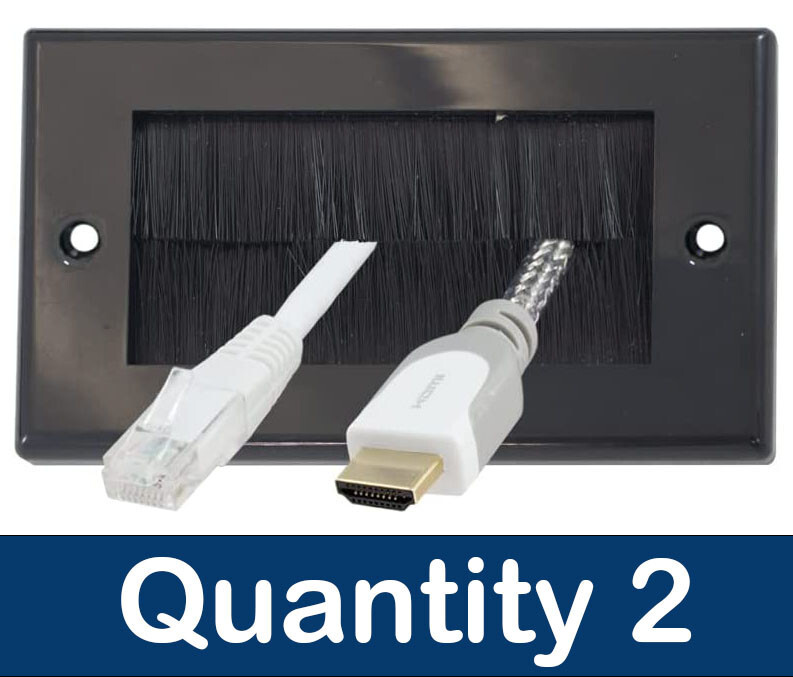2 x Black Brush Faceplate Double 2 Gang Wall Plate Cable Entry Brushes Tidy