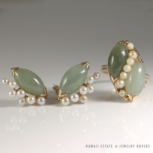 MING'S HAWAII JADE PEARL EARRING RING SET 14K YELLOW GOLD MINGS JEWELRY