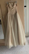 VTG Mike Benet Gold Tulle  Formal Strapless Rhinestone Princess Ball Gown S/XS