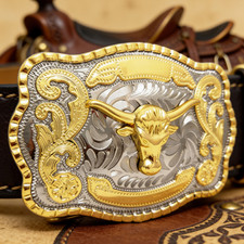 Western Belt Buckle Bull Head Longhorn Cowboy Rodeo Gold Tone Men Big 5.5" x 4"