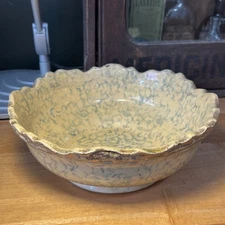 Antique C1920 Ohio Yellowware Blue Spongeware Fruit Bowl GoldGilt Scalloped Edge