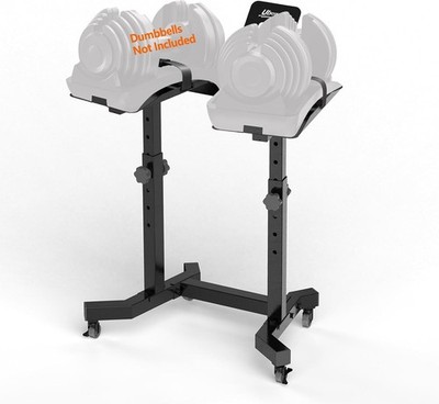 Adjustable dumbbell rack with wheels: 4 height settings.