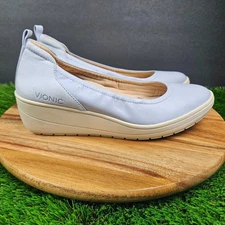 Vionic Womens Jacey Leather Round Toe Ballet Wedge Shoes Hazel Blue Size 8