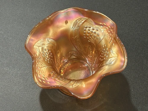 Antique Fenton Carnival Glass Marigold BlackBerry Spray Ruffled Hat Bowl