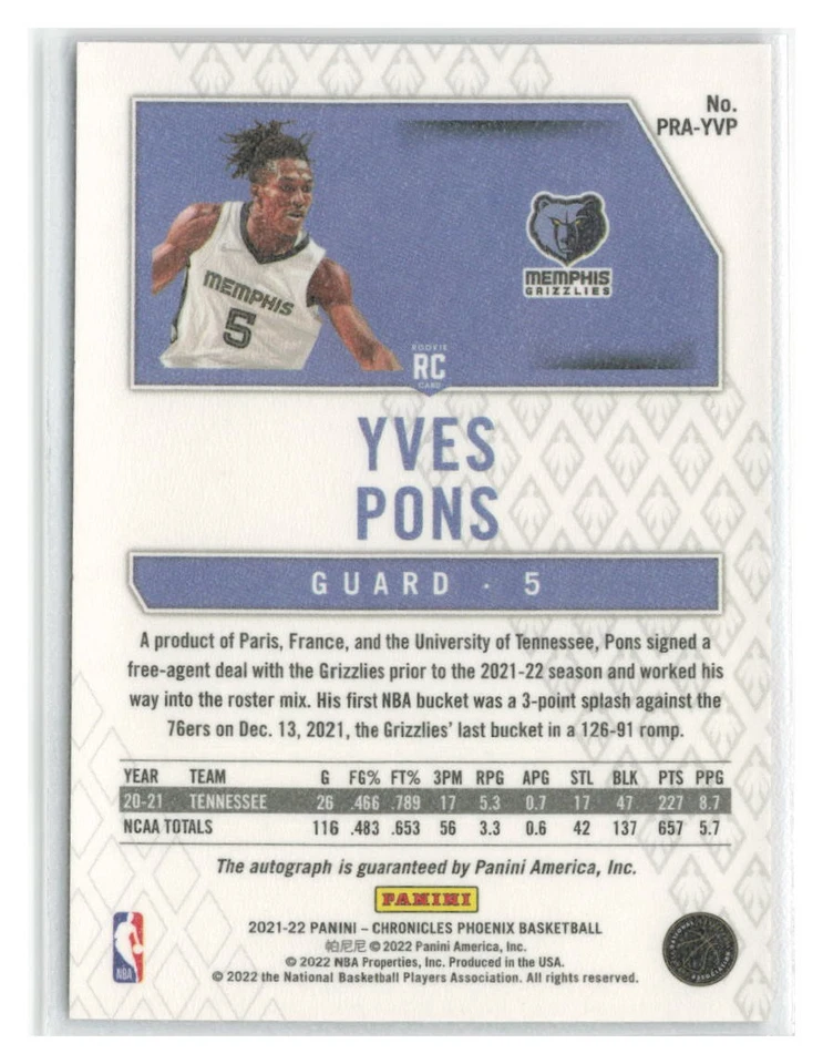 Yves Pons 2021-22 Panini Phoenix Rookie Auto Red RC #PRA-YVP-MEM - Image 2 of 2