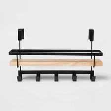 Brightroom Storage Rack Display Shelf with Hooks Steel Bathroom Matte Black Wood
