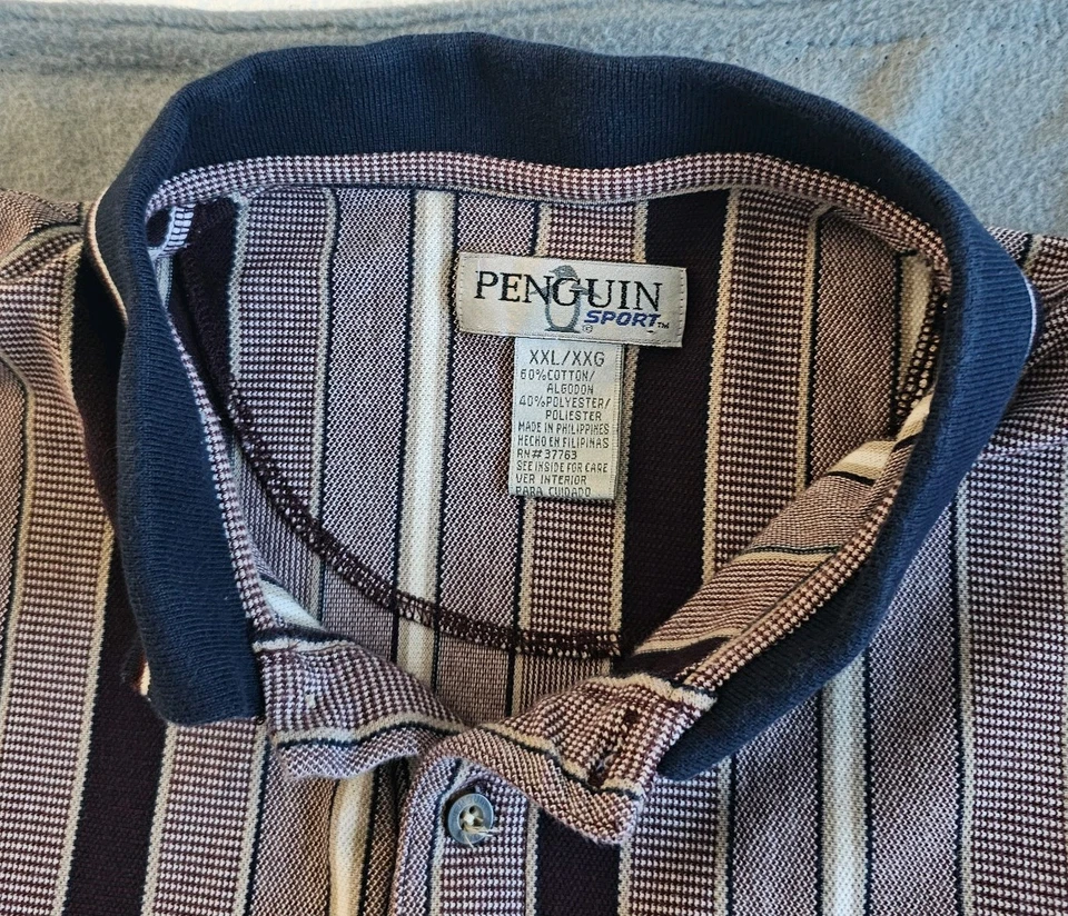 Vintage 90s Penguin Sport XXL Polo Shirt Y2K Brown Striped Knit Long Sleeve - Image 4 of 4