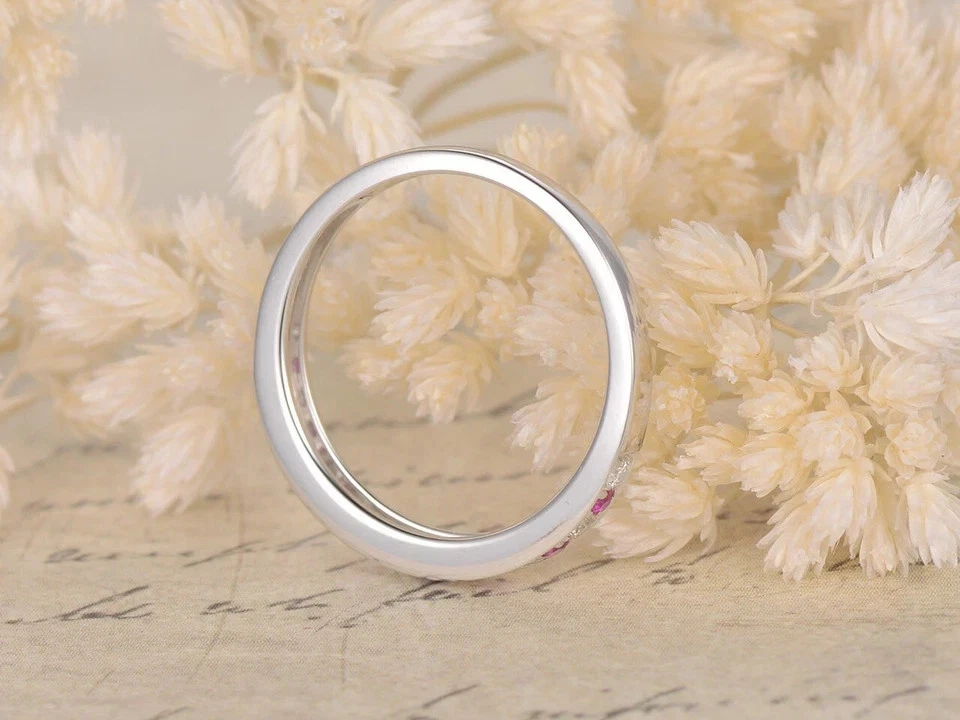 Round Cut 0.55Ct Natural Ruby Diamond Wedding Ring 14K Solid White Gold Size 6 7 - Image 2 of 4