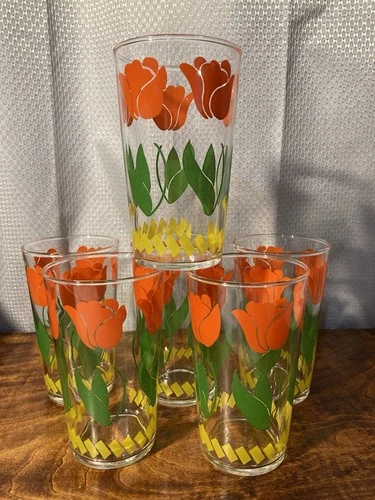 Vintage Federal Glass Tulips Tumblers Drinking Glasses Set of 6