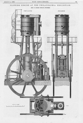 J.P MORRIS CO Blowing Engine at Philadelphia Exhibition 2 x Antique Prints 1876