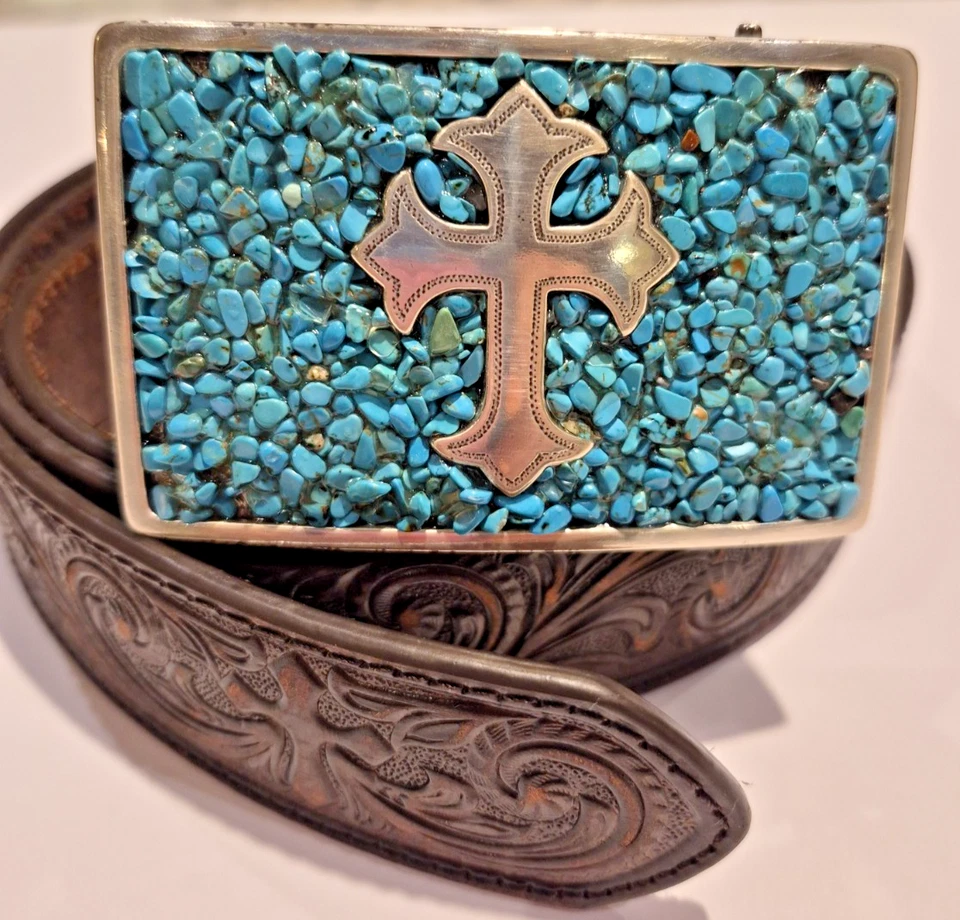 Cinturón NOCONA Western Tooled Cuero Turquesa Plata XL Foto 3 de 4