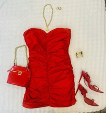 Red Satin Strapless Ruched Bodycon Mini Dress Zip Sweetheart Neck