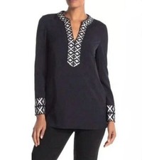 Tory Burch Ariana Embroidered Tunic Blouse - Navy Sz 12