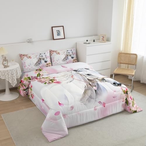 White Horse Comforter Set Girls Chic Pink Floral Flowers Bedding Full Multi 016 - Picture 2 of 7