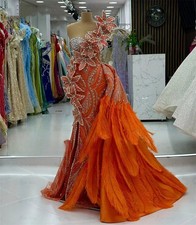 Custom Orange Luxury Crystal Appliqu  Evening Gown Beaded 3D Flowers Feathered