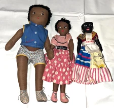 Lot of 3 Handmade Black African Caribbean Island Cloth Dolls