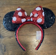 Disney Minnie Mouse Sequin Polka Dot Headband Red Black White Mouse Ears Bow