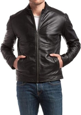 Black Men's Real Lambskin Leather Biker Jacket Classic Cafe Racer MotorcycleCoat