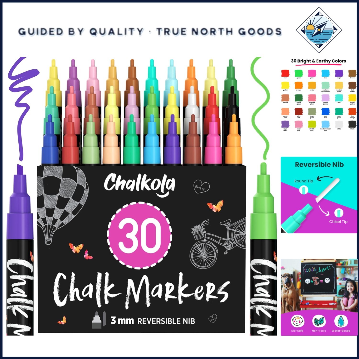 30 Piece Fine Tip Chalk Marker Set for Smooth Writing on Var