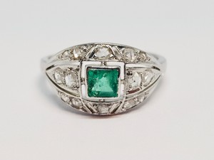 Bague Art Deco Or Blanc 18 Carats Emeraude Roses De Diamants 2 23 Grammes Ebay