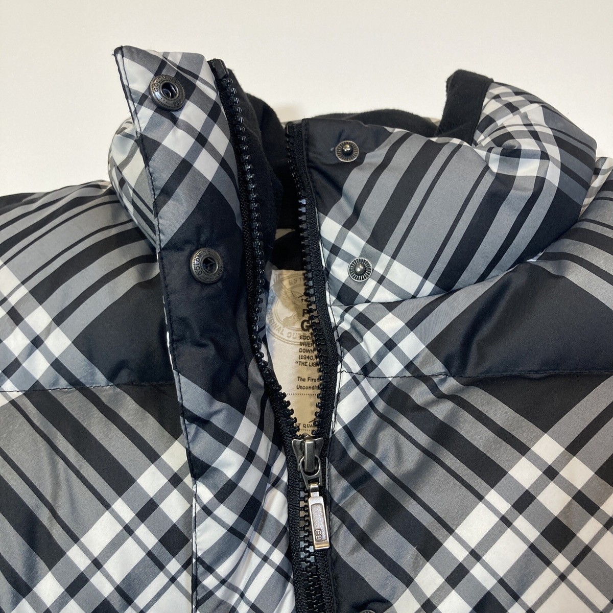 Eddie Bauer Womens Large Puffer Vest Black Plaid Goose Down Full