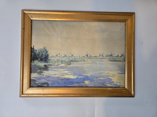 Antique framed Watercolor painting sea and windmill scene signed Zogal, Sogal? - Picture 2 of 7