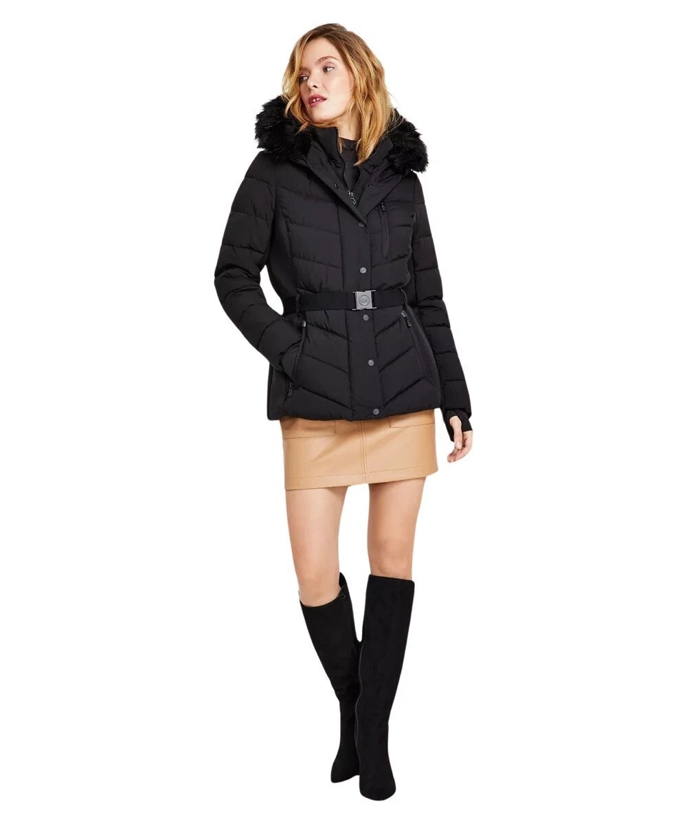 Michael Michael Kors Donna Cappuccio Cintura Scuba Cappotto Pelliccia Finta Giacca Nero S