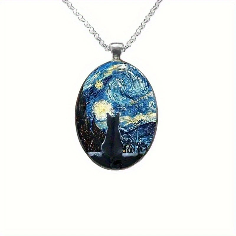 Gato Van Gogh Collar Ovalado Joyería Vintage Plateado Gótico Naturaleza Gato Colgante Foto 3 de 4