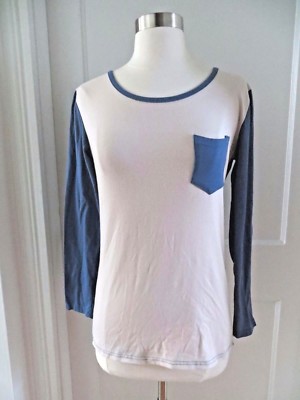 Blue cream beige baseball jersey tee t shirt top FITS WOMENS SIZE SMALL has snag