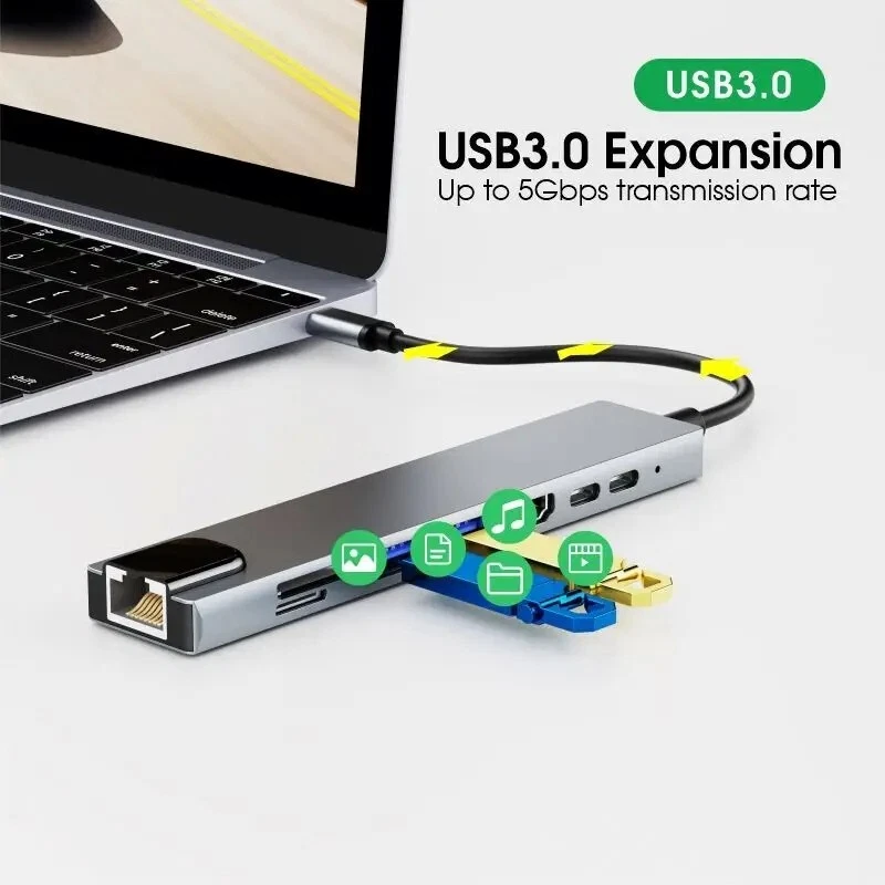 8 in 1 USB-C Hub Type C To USB 3.0 4K HDMI PD Adapter Universal Macbook windows - Image 2 of 4