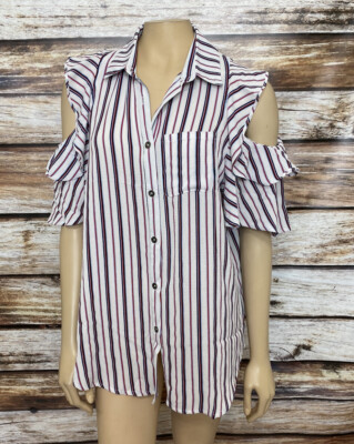 Umgee New Sz M White Blue Striped Cold Shoulder Top Button Up Ruffle Sleeves