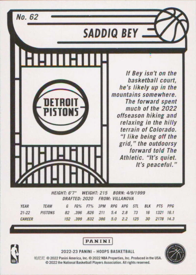 2022-23 Panini NBA Hoops #62 Saddiq Bey  Detroit Pistons - Image 2 of 2