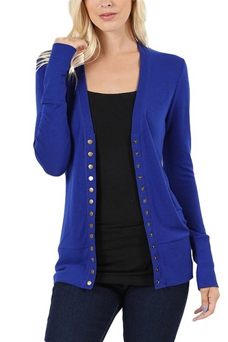 Women Snap Button Front V-Neck Soft Stretch Rayon Blend Fabric Sweater Cardigan - Picture 21 of 64