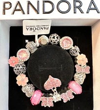 PANDORA Signature Two-Tone Bracelet & Pink/ Silver Heart charms & Beads!