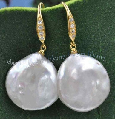 Huge 20-22mm Genuine Natural White Freshwater Flat Coin Pearl Dangle Earrings