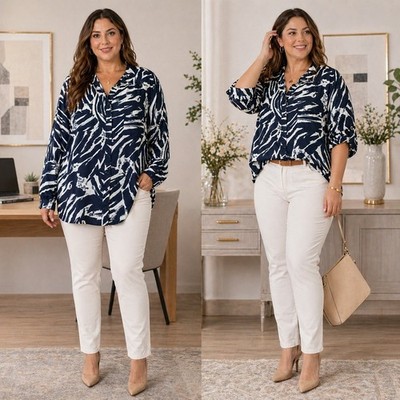 CJ Banks Blouse Womens 3X Navy White Zebra Animal Print Button Career Chic Bold